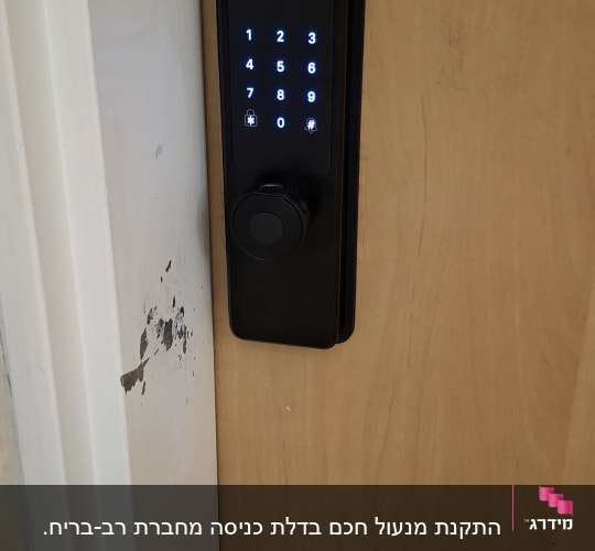מנעול דיגיטלי עם לוח מקשים מואר על דלת עץ